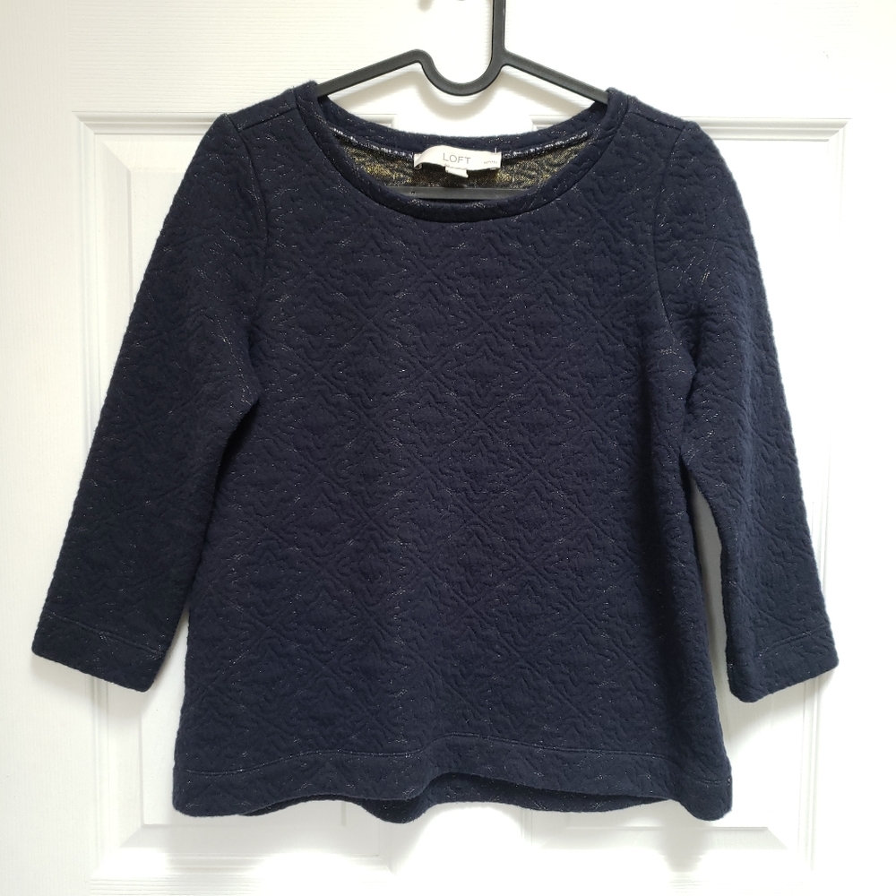 LOFT Navy Blue Gold Metallic Quilted Jersey Knit Sweatshirt